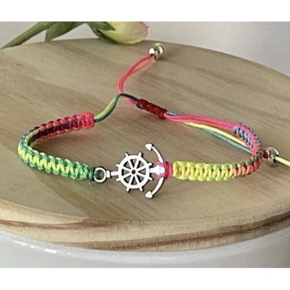 Nautical Anchor & Ship Wheel Bracelet Silver Beads Adjustable Rope Unisex 6-9" - Picture 2 of 4
